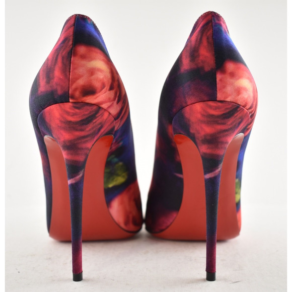 Christian Louboutin Kate 100 Crepe Satin Roses Red Blue Pointed Heel Pump 39.5 - Picture 14 of 15